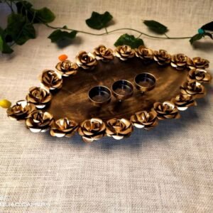 Golden Rose Festive Platter – Oval Metal Decorative Tray for Diwali and Weddings