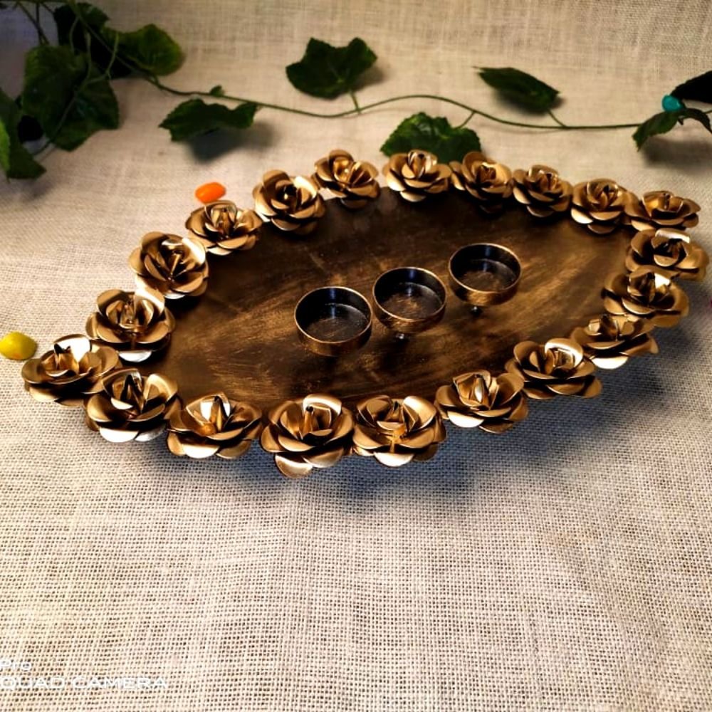 Golden Rose Festive Platter - Oval Metal Decorative Tray for Diwali and Weddings - Image 2