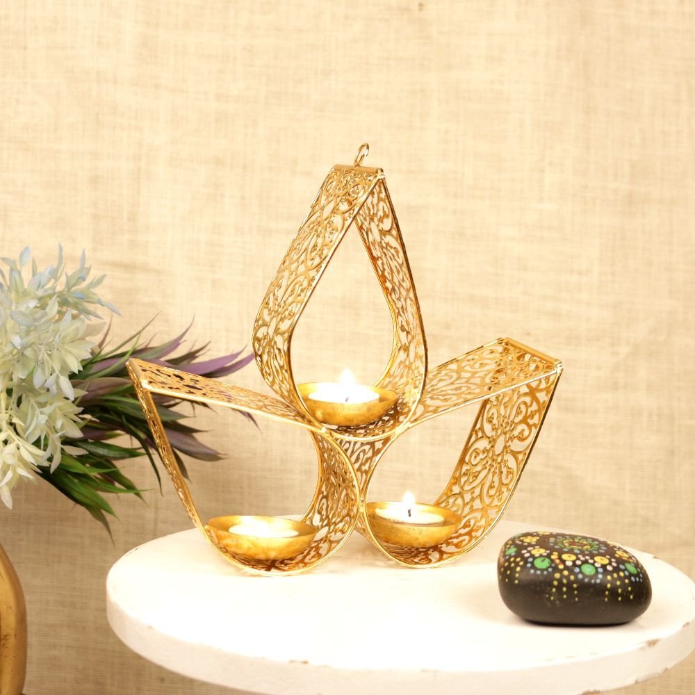 Golden Ribbon Tea Light Holder - Triple-Cup Iron Lamp for Abstract Festive Decor - Image 3