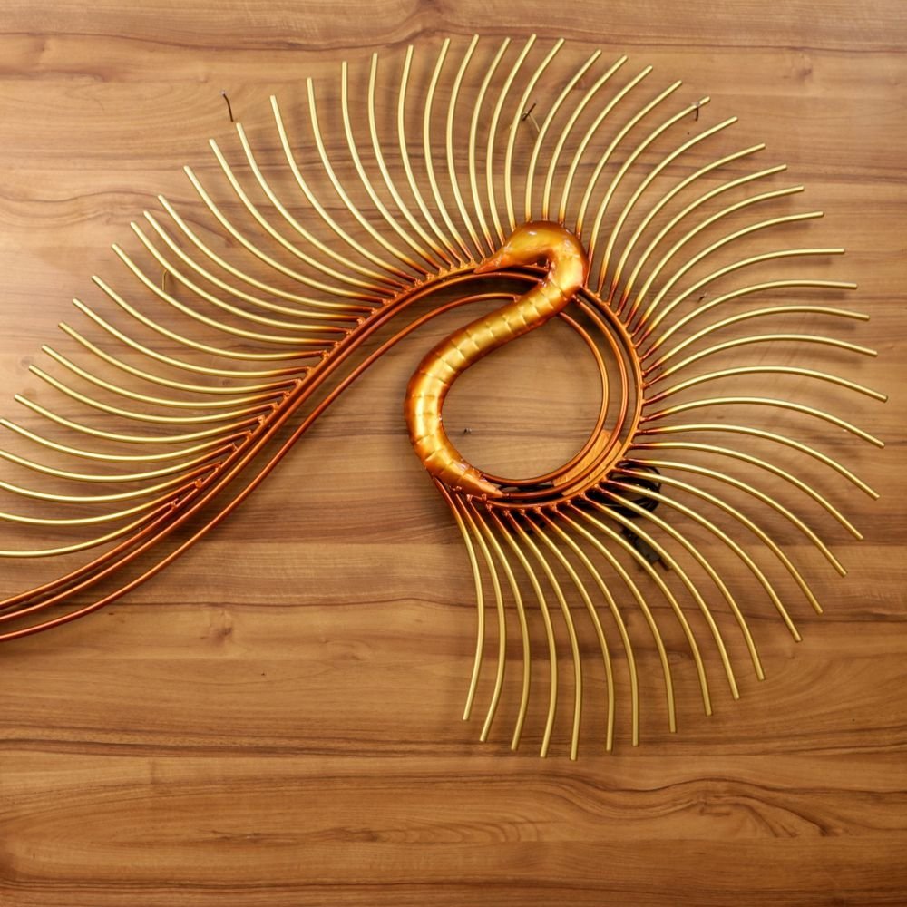 Large Golden Iron Peacock Wall Art | Modern Feather-Fan Sculpture - Image 2