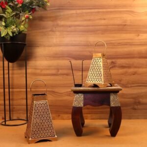 Set of 2 Golden Pyramid Iron Tea Light Lanterns – 10.5  ′′   Geometric Votive Holders