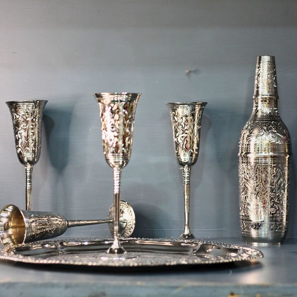 Brass Silver Wine Bottle Set W/4 Glass - Image 4