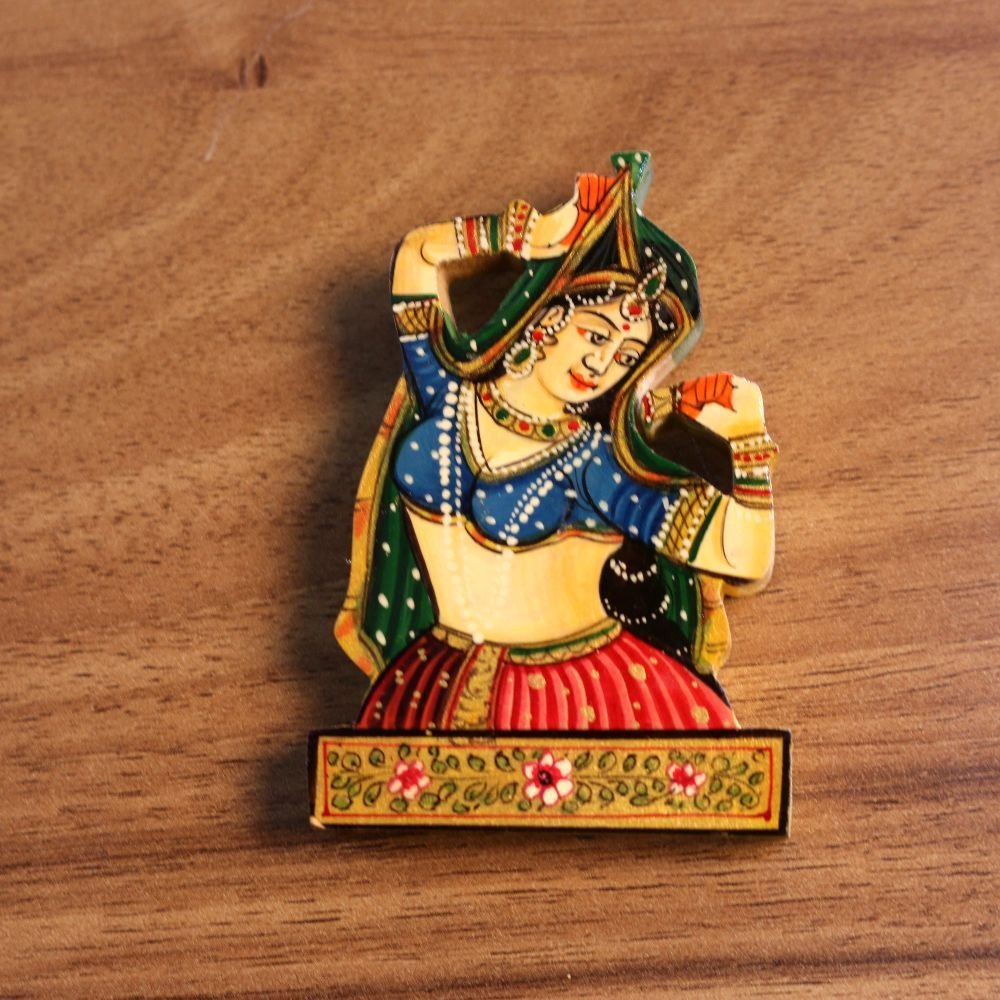 Hand-Painted Wooden Rajasthani Lady Fridge Magnet | Collectible Ethnic Decor