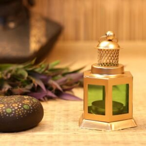Mini Metal and Glass Lantern – 4.5 ′′ Green and Gold Tea Light Lamp