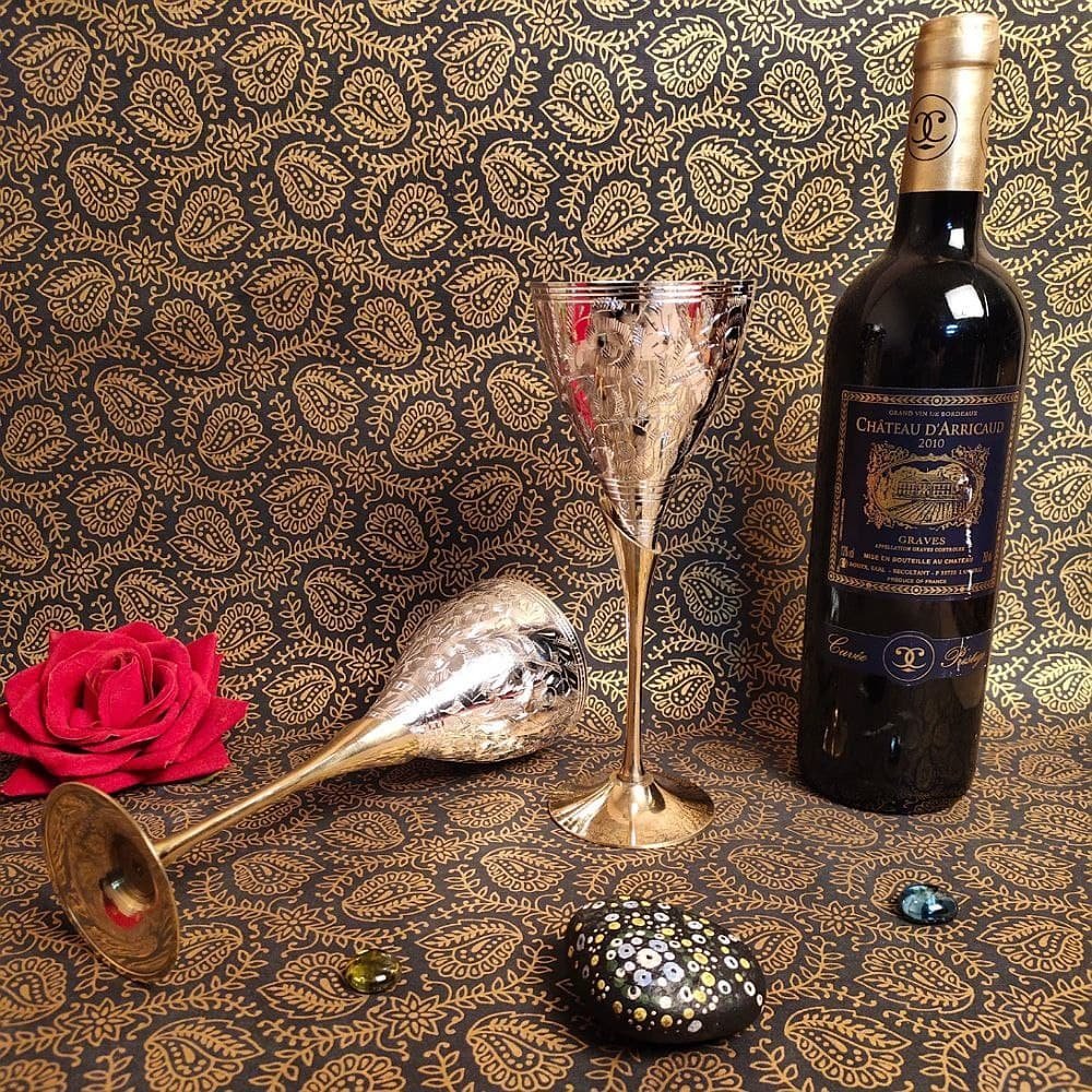 Brass Wine Glasses with Silver-Plated Floral Design - Image 2