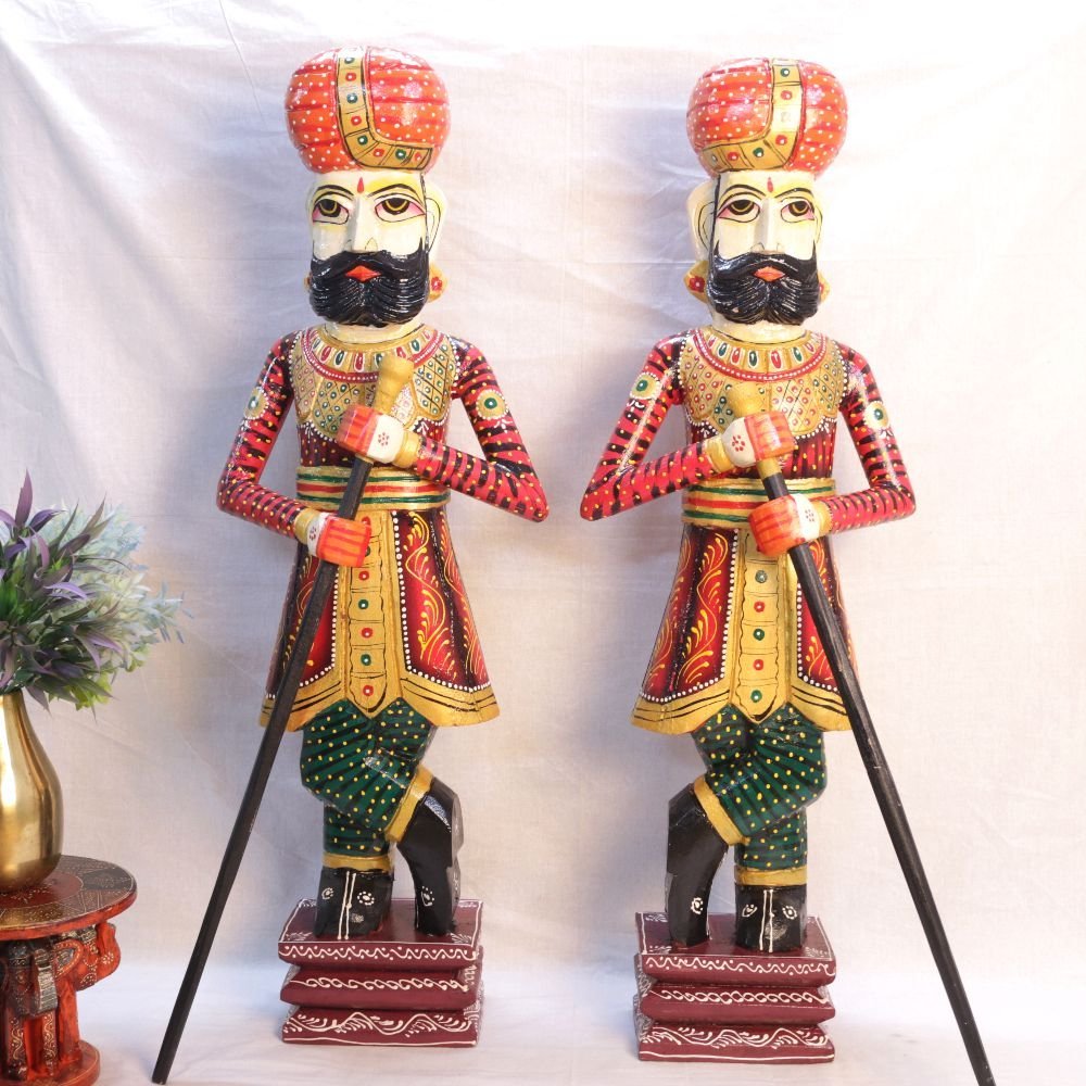 5 Foot Wooden Dwarpal Statue Set - Hand-Painted Figures for Grand Festive Decor