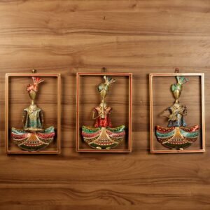 Set of 3 Framed Musician Art – Iron Rajasthani Folk Decor for Wall Accents