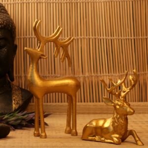 Set of 2 Golden Deer Figurines – 12  ′′   Metal Accent Statues for Festive Decor