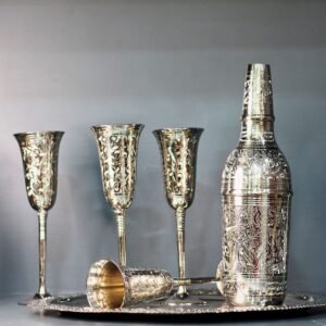 Brass Silver Wine Bottle Set W/4 Glass