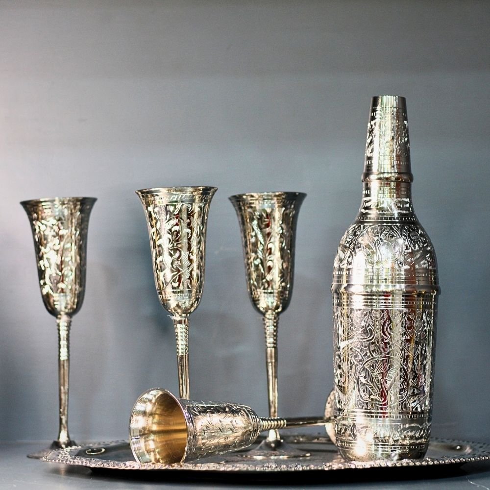 Brass Silver Wine Bottle Set W/4 Glass