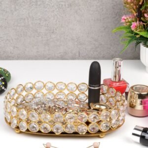 Glamorous Crystal Vanity Mirror Tray – Oval Gold Accent for Dressers