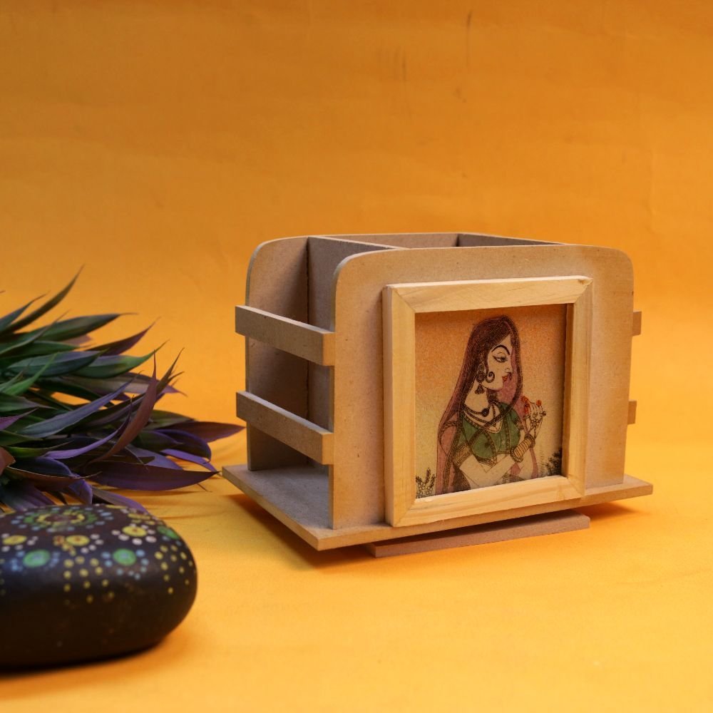 Handcrafted Wooden Pen Stand with Pithora Painting - Image 3