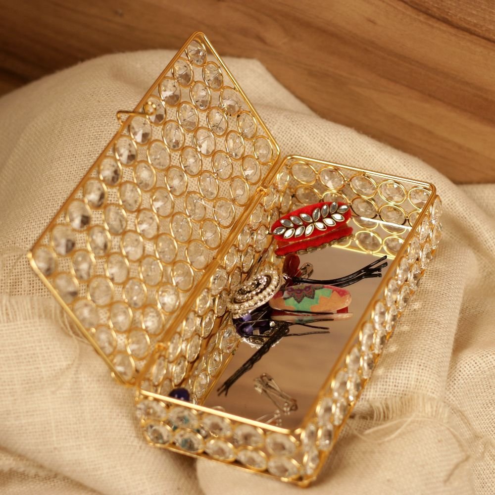 Rectangular Gold Brass and Crystal Trinket Box | Luxury Vanity Decor - Image 2