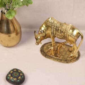 Brass Kamdhenu Cow and Calf Statue | Auspicious Home Decor & Prosperity Gift