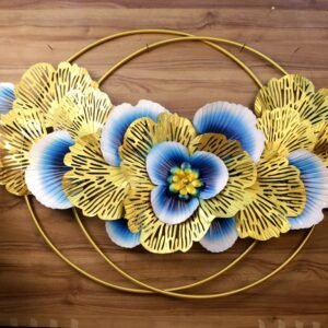 Extra-Large Golden and Blue Floral Iron Wall Art | 3D Statement Decor