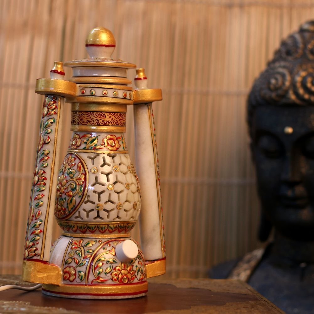 Marble Lantern Lamp || Handcrafted Marble Lantern with Meenakari Artwork – Decorative Lamp || Home Decor || Diwali Decor - Image 2
