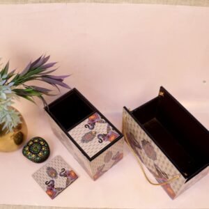 Folk Art Storage Caddy Set – 9 ′′ Hand-Painted Organizer for Home and Corporate Gifting
