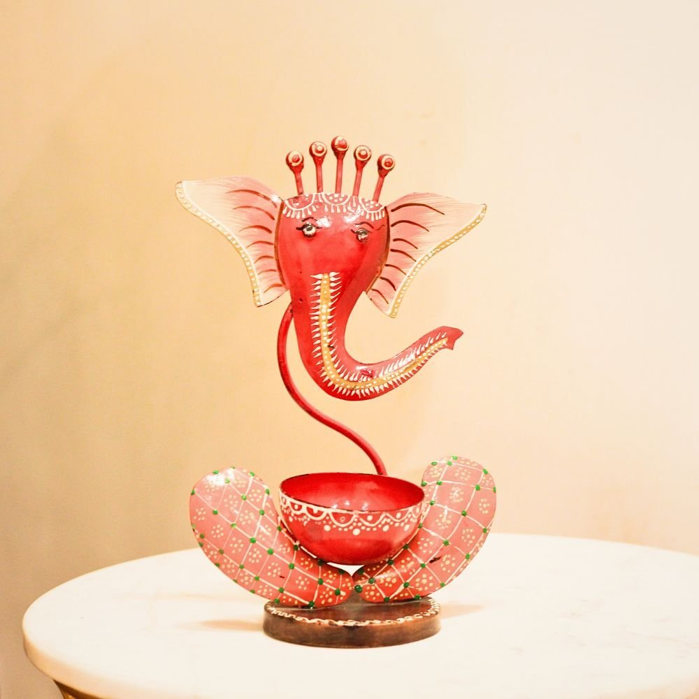 Hand-Painted Ganesha Tea Light Holder - 10 ′′ Iron God Idol Decor - Image 4