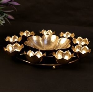 Golden Decorative Urli Bowl with Hammered Diyas – Traditional Festive Home Décor