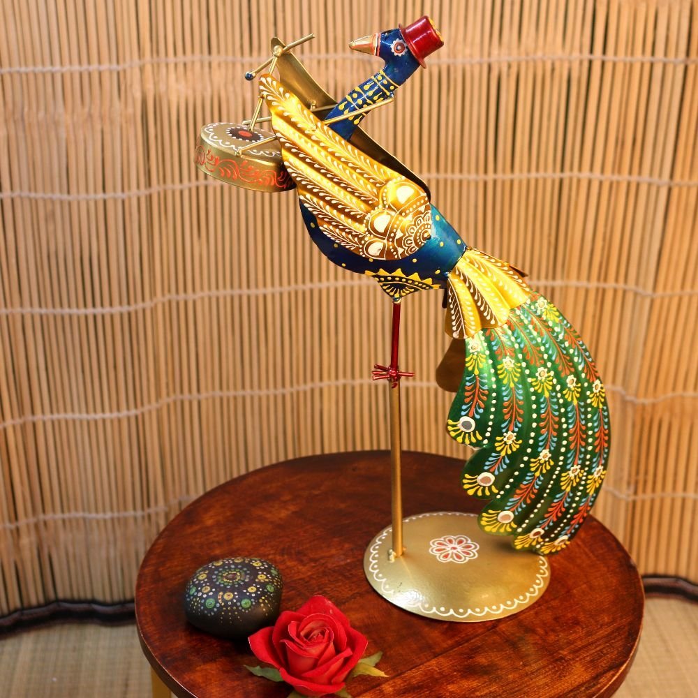 Hand-Painted Iron Peacock Sculpture | Vibrant Festive Home Decor