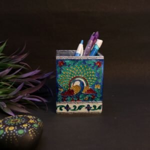 Wooden Blue Mina Square Pen Stand