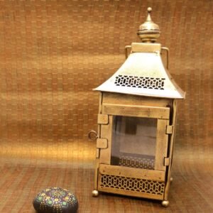 Tall Antique Golden Metal Lantern | 15 Inch Hanging Pillar T-Light Holder | Hanging Decoration