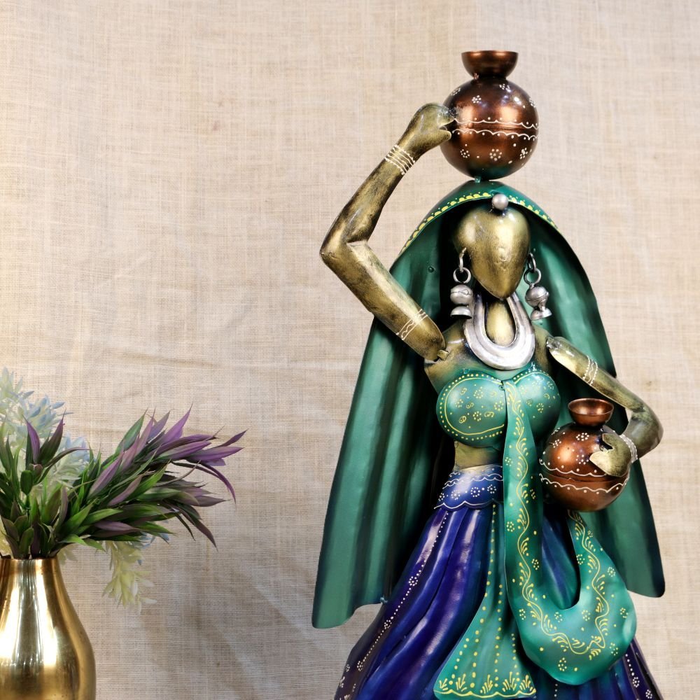 Vibrant Metal Statue of a Rural Indian Woman - Image 2