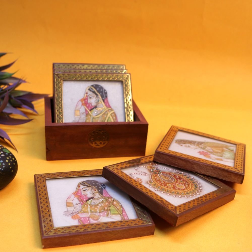 Pichwai Art Coaster Set | Hand-Painted Marble Miniature Gift - Image 2