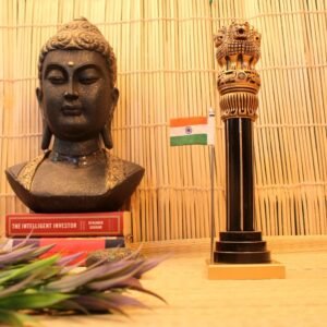 WOODEN ASHOK PILLAR NATURAL POLISH WITH FLAG 10 INCH