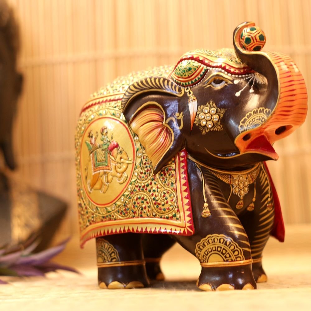 WOODEN HANDICRAFTED ELEPHANT WITH GOLDEN POLISH - Image 4