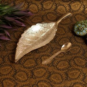 Brass Leaf-Shaped Serving Tray with Spoon