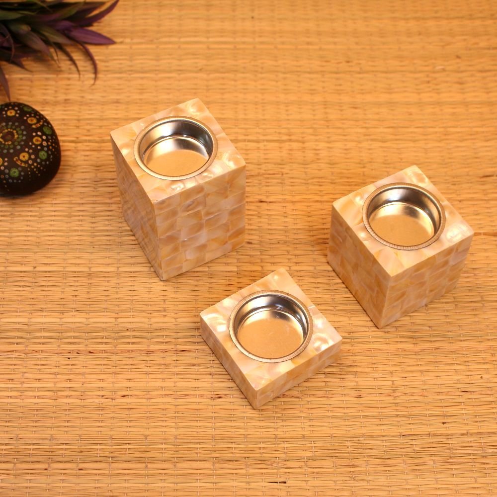 White Mother Of Pearl Candle Stand Set Of 3 - Image 4