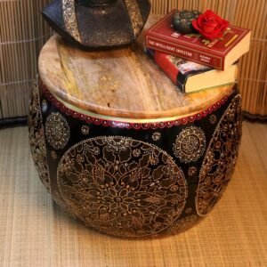 Wooden and Iron Storage Stool – 19 ′′ Round Ottoman for Festive Decor