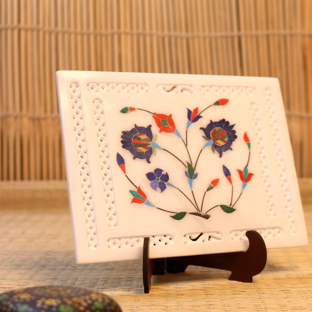 White Marble Tile with Floral Pietra Dura Inlay 6*8 | Mughal Art Showpiece - Image 3