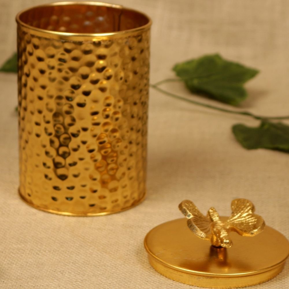 Golden Iron Storage Jar with Butterfly Lid - Image 2