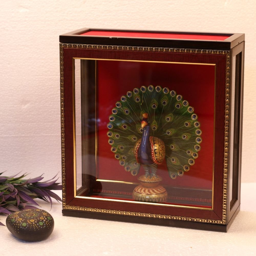 Metal Peacock Figurine in Wooden Frame - Image 3