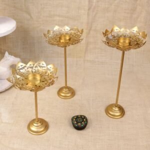 Tiered Golden Lotus Candle Stands – 16 ′′ Iron Lamp Set for Festive Decor