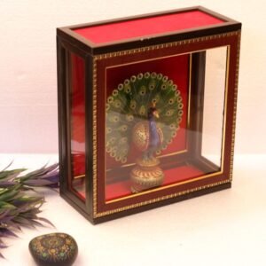 Metal Peacock Figurine in Wooden Frame