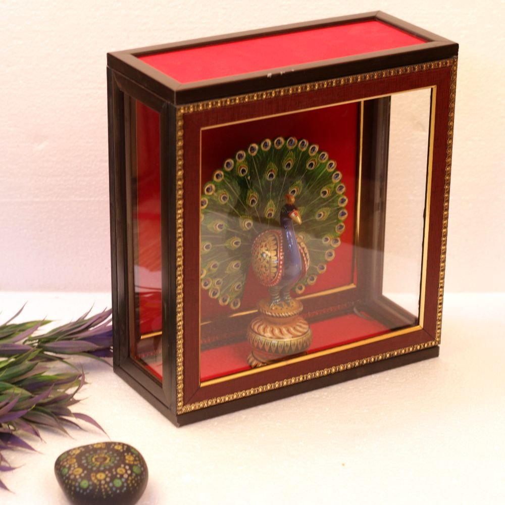 Metal Peacock Figurine in Wooden Frame - Image 2