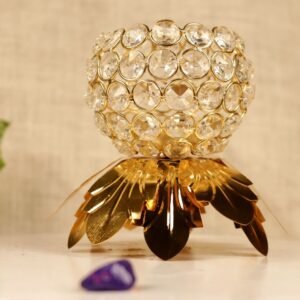 Diya Flower |Luxury Golden Crystal Lotus T-Light Holder | Metal Candle Votive Stand | Gifts and decor