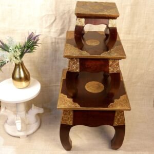 Set of 3 Handcrafted Wooden Nesting Chowki Stools | Royal Home Decor & Puja Accent