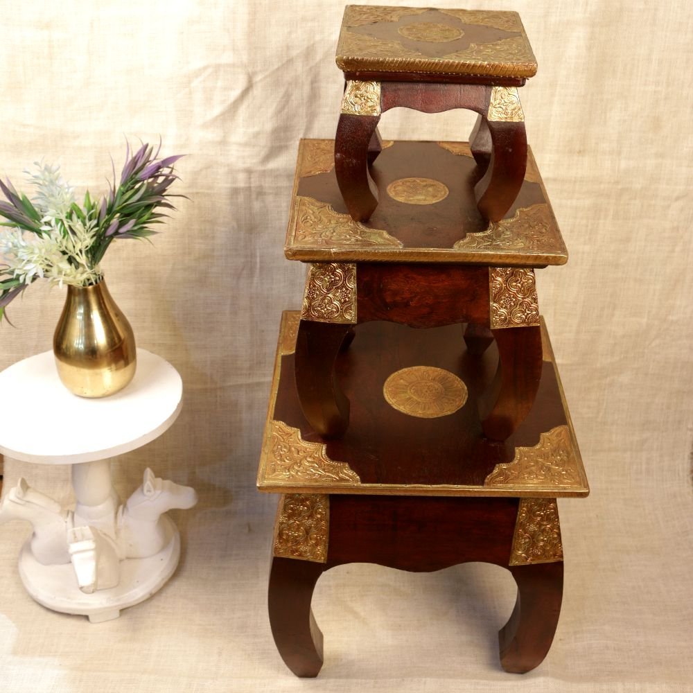 Set of 3 Handcrafted Wooden Nesting Chowki Stools | Royal Home Decor & Puja Accent - Image 2