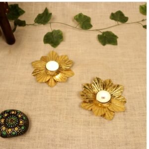 Golden Flower Tea Light Set – 5 ′′ Iron Diya (Set of 2) for Festive Decor