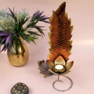 Golden Feather Tea Light Holder – 14 ′′ Iron Festive Lamp for Elegant Decor
