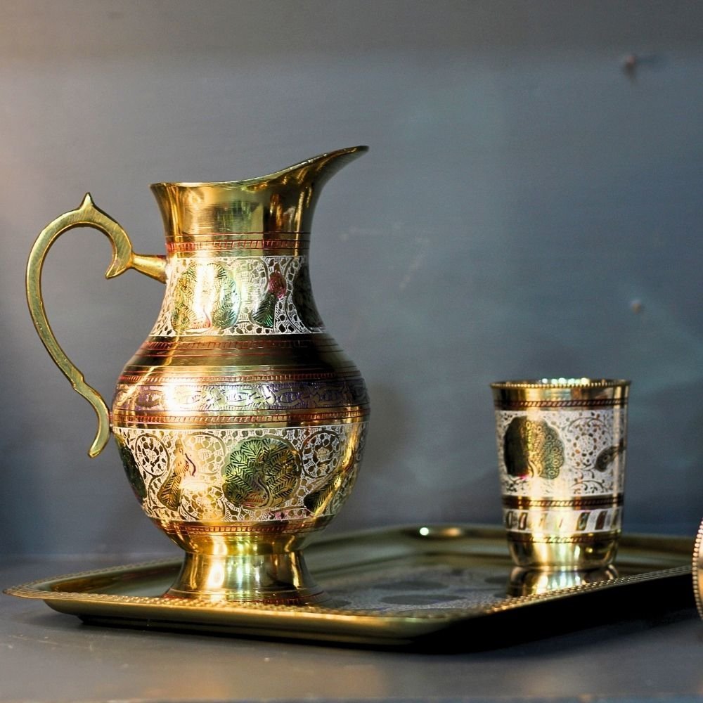 Brass Jug Set With 4 Glass and Sqaure Tray - Image 3