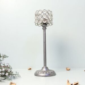 Elegant Crystal Votive Candlestick – 9.5 ′′ Tall Silver-Toned Centerpiece
