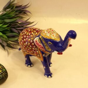 Hand-Painted Blue Elephant Statue – 8  ′′   Trunk-Up Folk Art for Good Luck Gifting