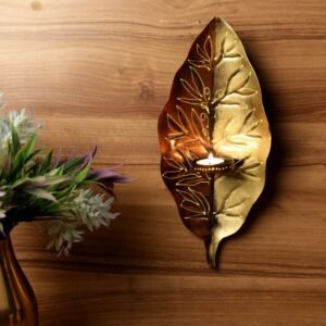 Golden Leaf Wall Sconce – 14  ′′   Metal Tea Light Holder for Festive Decor