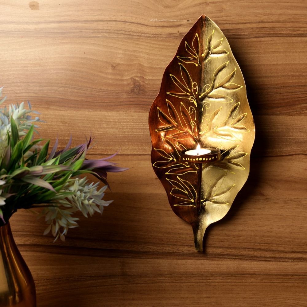 Golden Leaf Wall Sconce - 14 ′′ Metal Tea Light Holder for Festive Decor