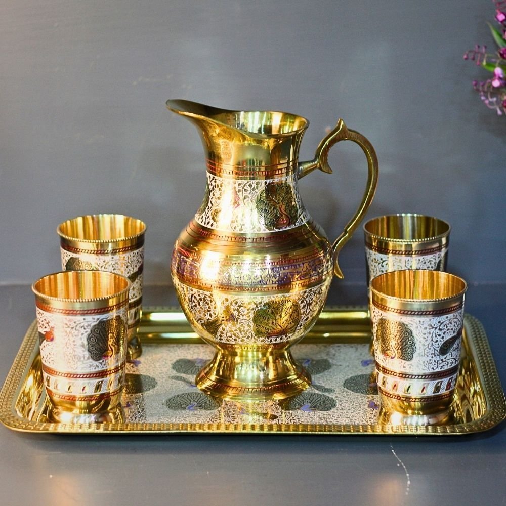 Brass Jug Set With 4 Glass and Sqaure Tray - Image 4
